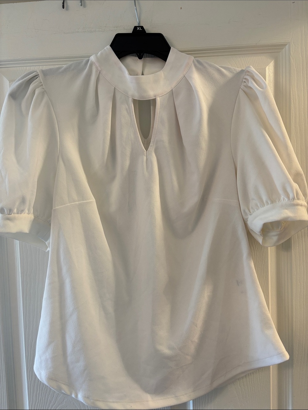 New York & Company White Mock-Neck Keyhole Puff Sleeve Top